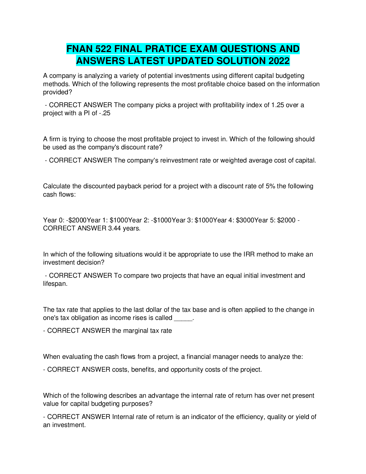 Preview of FNAN 522 FINAL PRATICE EXAM QUESTIONS AND ANSWERS LATEST UPDATED SOLUTION 2022